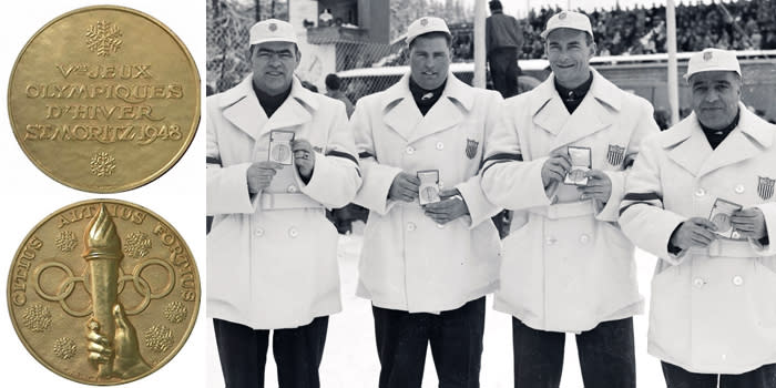 <p>After a 12-year absence, the 1948 Games were the first held after World War II and were called the “Games of Renewal.” The medal features snow crystals, the Olympic Rings, and a hand holding a lit torch.<br> (IOC photo; United States gold medalists for the Four-Man Bobsled in St. Moritz, Switzerland, 1948/photo by Getty Images) </p>