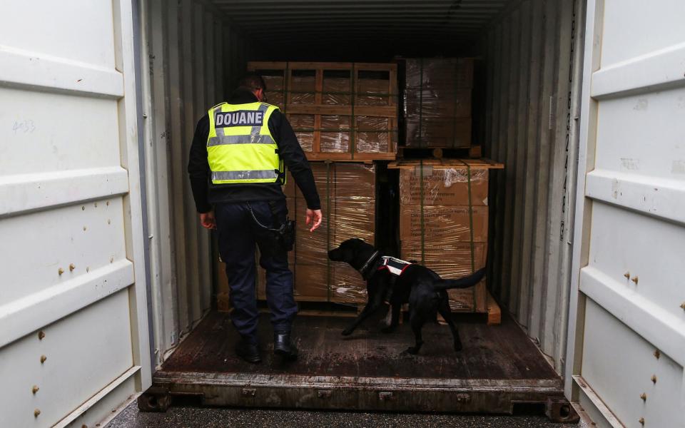 A customs officer and a sniffer dog check a container - CHARLY TRIBALLEAU/AFP