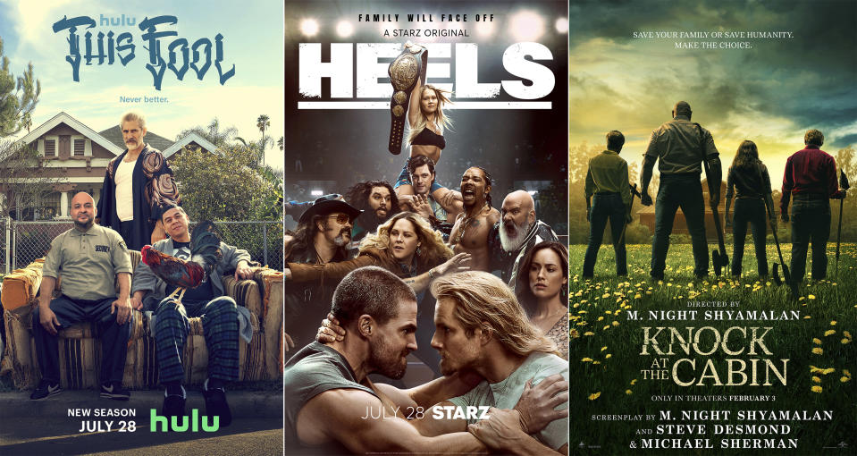 This combination of photos show promotional art for the second season of "This Fool," premiering July 28 on Hulu, left, season two of "Heels," premiering July 28 on Starz, center, and "Knock at the Cabin," a film streaming July 25 on Prime Video. (Hulu/Starz/Amazon/Universal Pictures via AP)