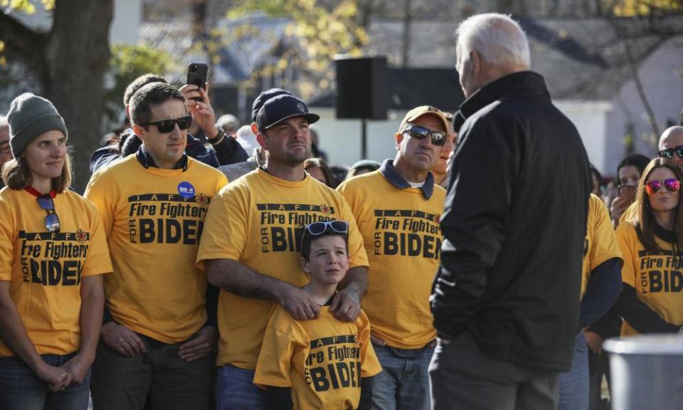 Joe Biden speaks to a group of local firefighters and their family members in Concord, New Hampshire, on 9 November.