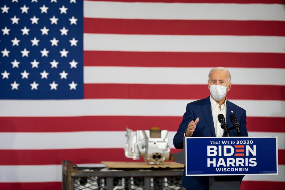 Democratic Presidential Candidate Joe Biden delivers remarks at an aluminum manufacturing facility in Manitowoc, Wisconsin, on September 21, 2020. (Photo by JIM WATSON / AFP) (Photo by JIM WATSON/AFP via Getty Images)