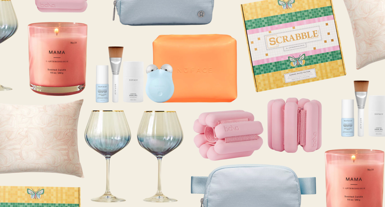 collage of best mother's day gift ideas in 2023: candle, wine glasses, nuface anti aging device, scrabble, lululemon belt bag