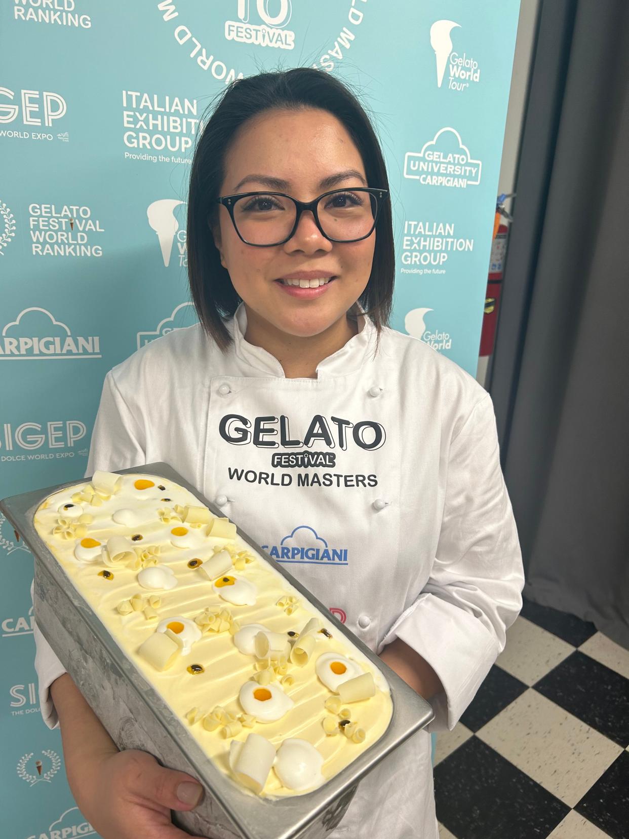 Francia Magsaysay with her first place gelato of passion fruit, yuzu and white chocolate.