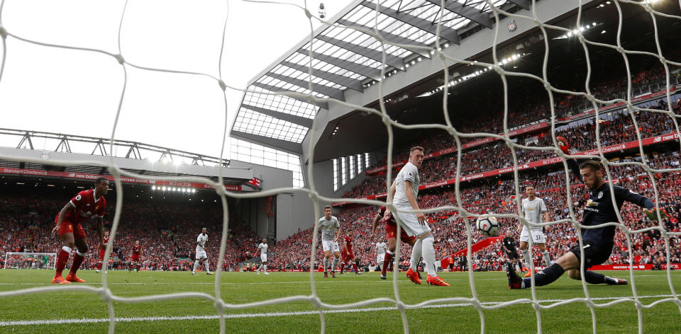 <p>Manchester United’s David De Gea makes a save from Liverpool’s Georginio Wijnaldum</p>