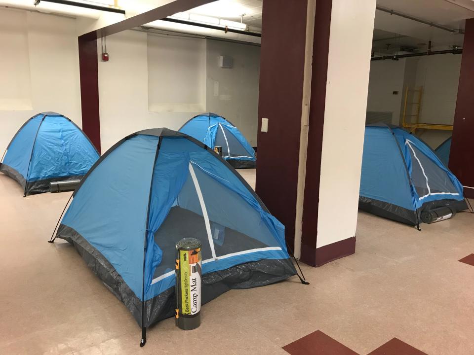 A warming shelter at Street Angels in 2021 during the COVID-19 pandemic. Tents were set up to maintain social distancing.