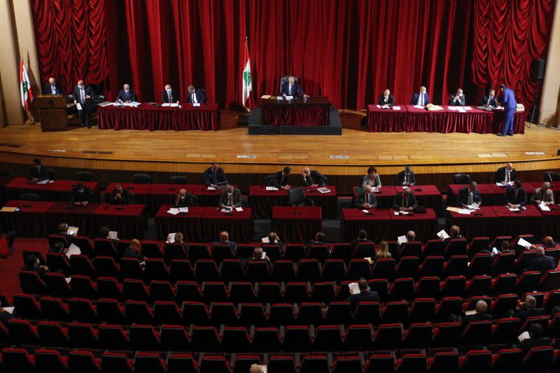 Lebanese members of Parliament attend a parliamentary session at UNESCO Palace in Beirut