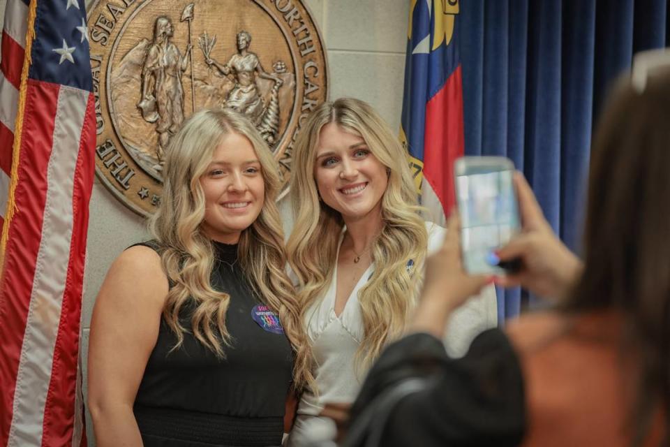 Independent Women’s Forum spokeswoman Payton McNabb, left, poses with IWF adviser Riley Gaines after McNabb spoke in front of the N.C. General Assembly in April.