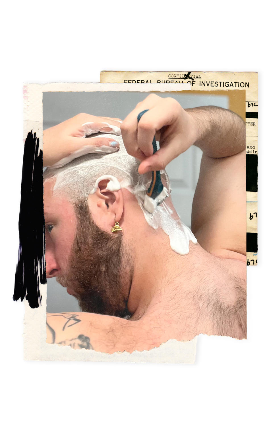 the editor shaving the back of his head with a razor