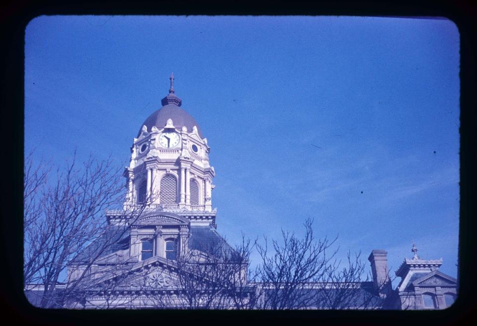 The Delaware County Courthouse clock tower in the early 1960s.
