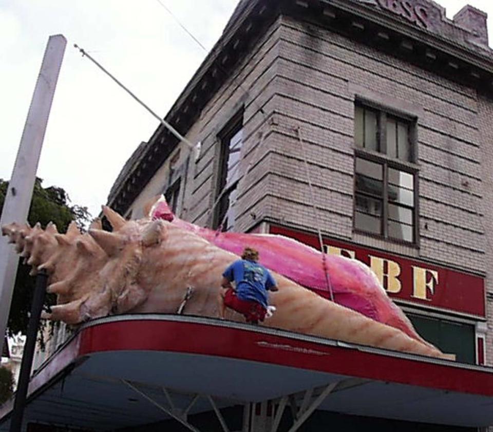 Jim Heidenreich put the finishing touches on a giant Conch Shell on the second story of Fast Back Freddie’s on Duval Street.