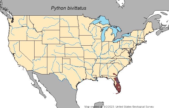 A 2023 map shows the range of Burmese pythons expanding north in Florida, as well as into southeast Louisiana and neighboring Georgia.