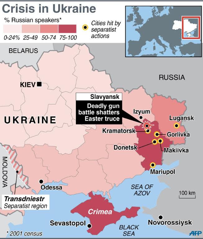 Map of eastern Ukraine locating the town of Slavyansk, scene of a deadly gun battle Sunday