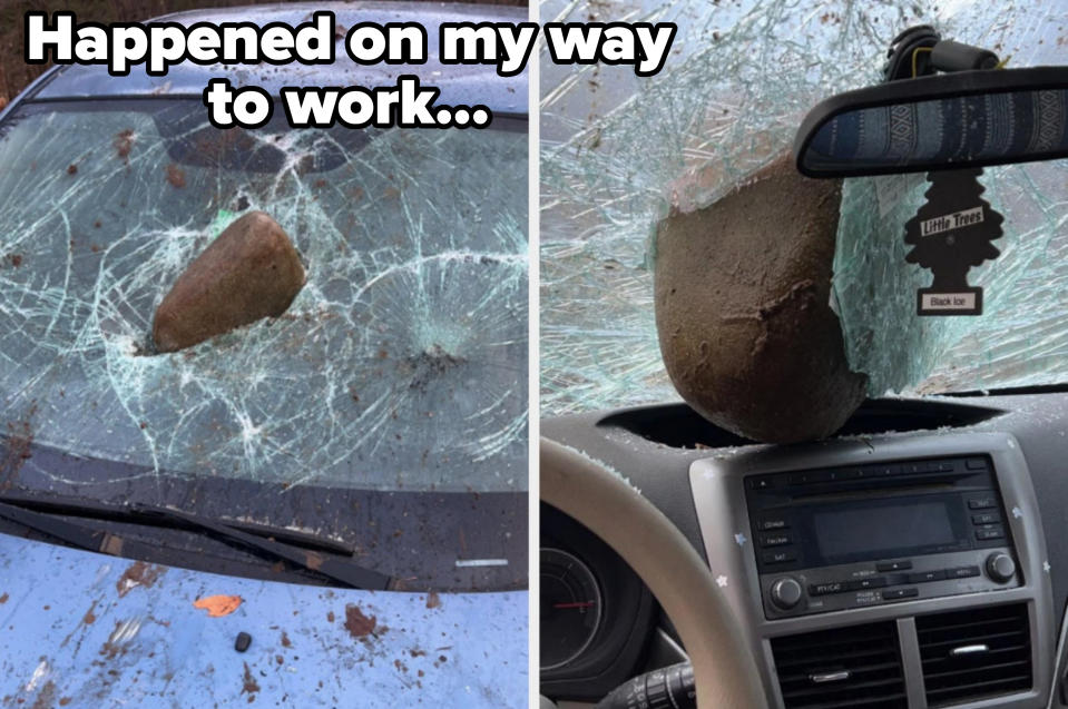 A rock lodged in the windshield of a car, view from outside and inside