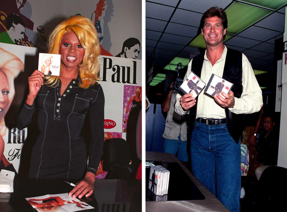 Left: RuPaul promoting his new CD Foxy Lady at the Virgin Megastore in Hollywood, California, on Oct. 31, 1996. Right: David Hasselhoff promotes his record David Hasselhoff at Tower Records in Los Angeles on June 21, 1995.