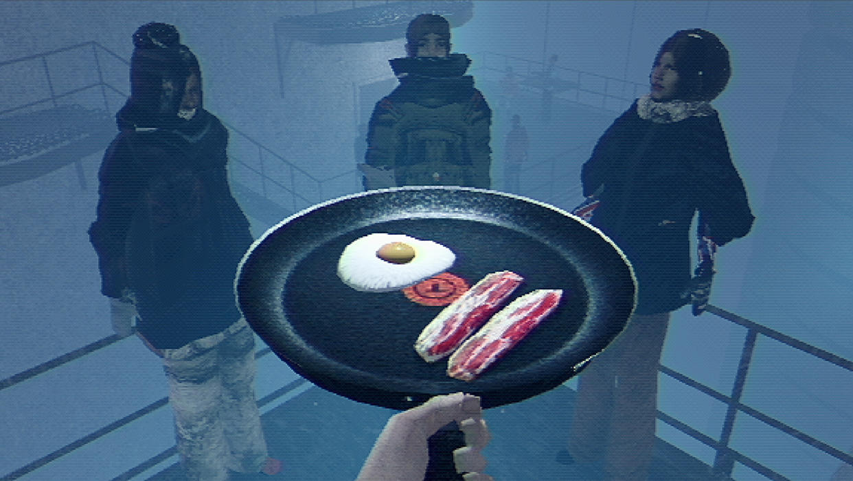  A low-poly videogame scene. Three people in heavy winter clothing stand in the background. In the foreground is a frying pan with  an egg and two pieces of bacon. . 