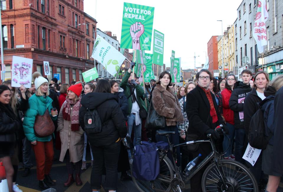 People gather in Dublin's Parnell Square on March 8 to call for the repeal of the eighth amendment. (Photo: Jesselyn Cook/HuffPost)