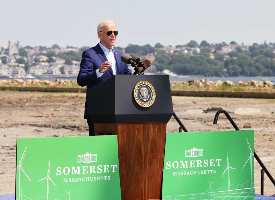 President Joe Biden speaks at Brayton Point Commerce Center in Somerset on Wednesday, July 20, 2022.