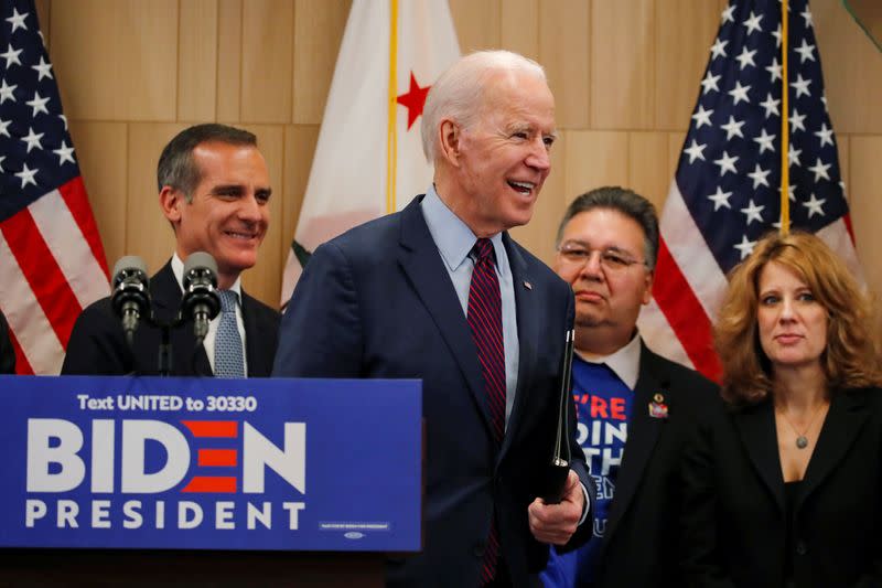 Democratic U.S. presidential candidate and former Vice President Joe Biden speaks during a campaign stop in Los Angeles