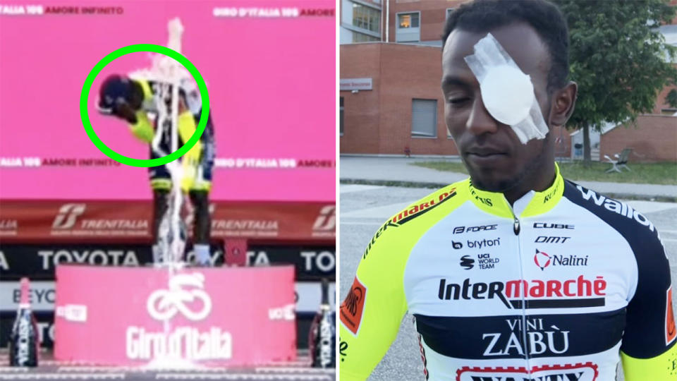 Biniam Girmany was taken to hospital after being hit in the eye with a champagne cork on the Giro D'Italia podium.