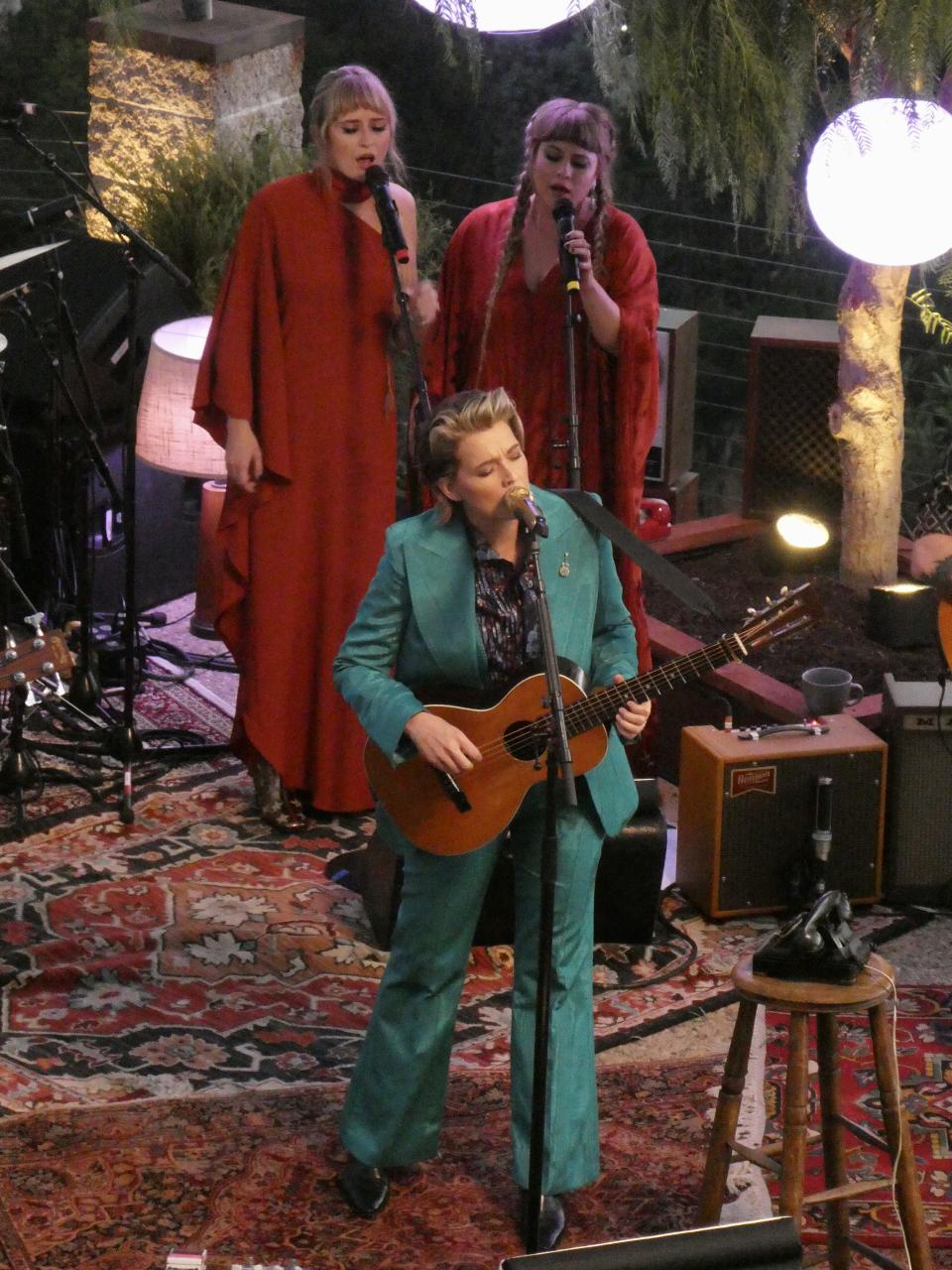 Brandi Carlile sings with Lucius on backing vocals during the filming of ““Brandi Carlile: In The Canyon Haze – Live from Laurel Canyon” (Photo: Chris Willman/Variety)