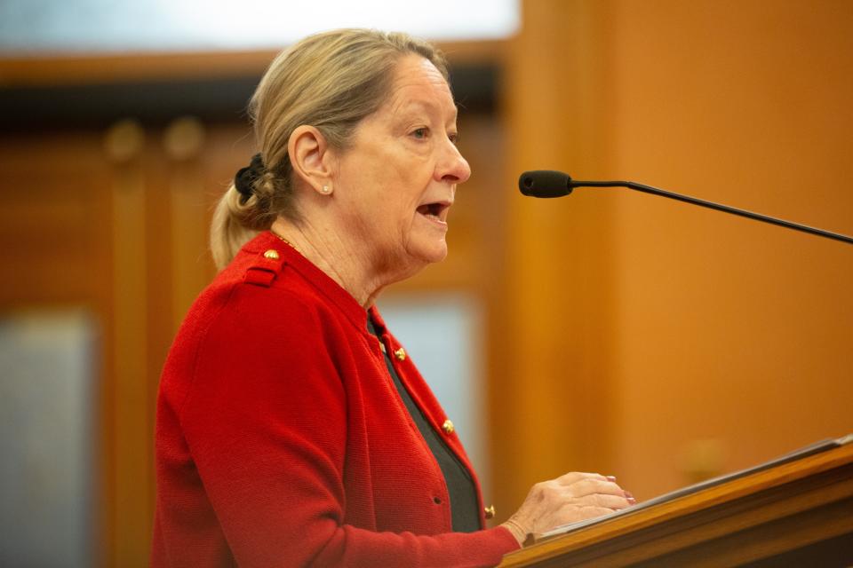 Annie Kuether, who was appointed to the Kansas Corporation Commission, talks about her personal experience during her confirmation hearing Wednesday at the Statehouse.