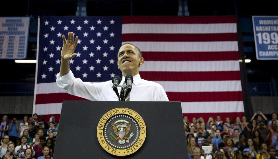 President Barack Obama speaks at the University of North Carolina at Chapel Hill, Tuesday, April 24, 2012. (AP Photo/Carolyn Kaster)