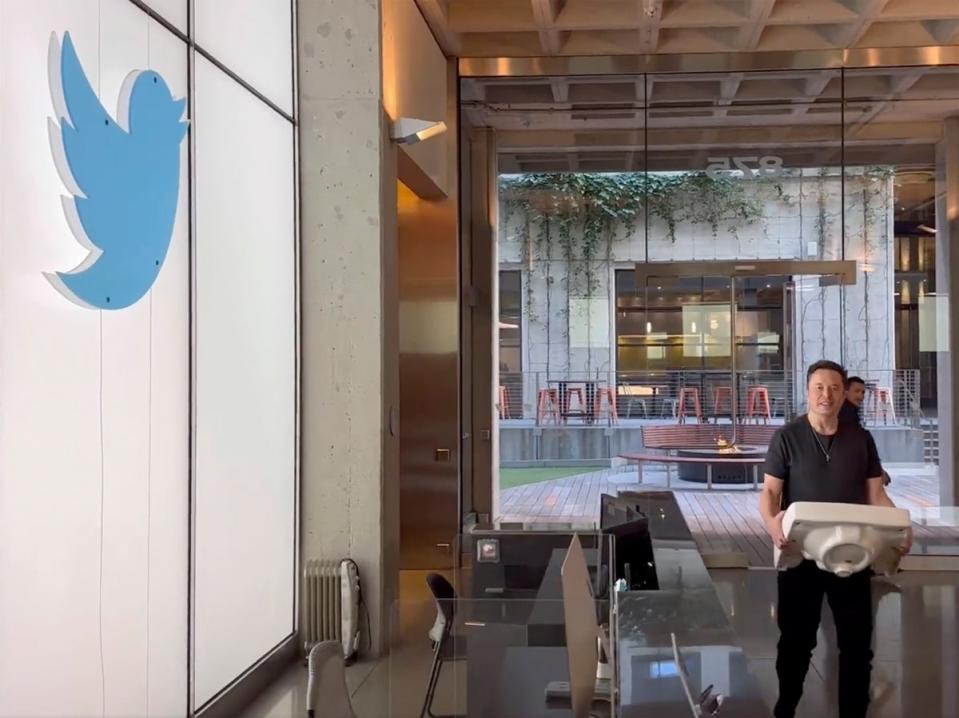 Elon Musk enters Twitter HQ after completing his takeover of the social media firm (Elon Musk via AP)