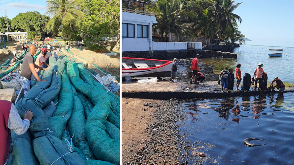 Split screen. Left - sacks filled with sugar cane. Right - a pier with people standing on it, the water below is black with oil