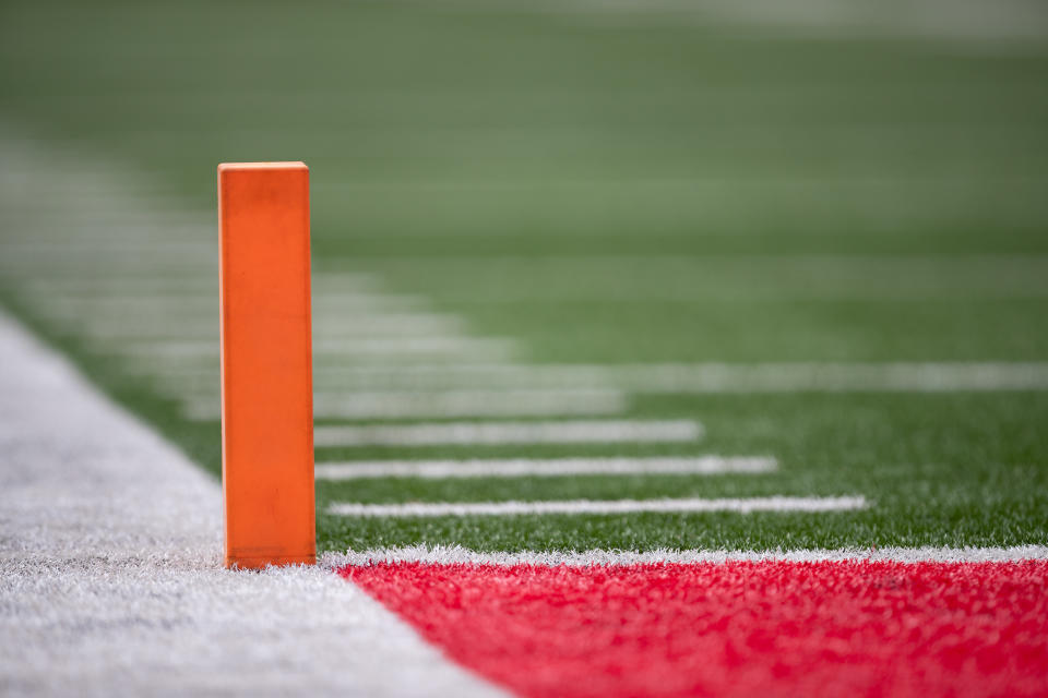 COLUMBUS, OH - AUGUST 31: A detailed view of an end zone pylon during game action between the Ohio State Buckeyes and the Florida Atlantic Owls on August 31, 2019, at Ohio Stadium in Columbus, OH. (Photo by Adam Lacy/Icon Sportswire via Getty Images)