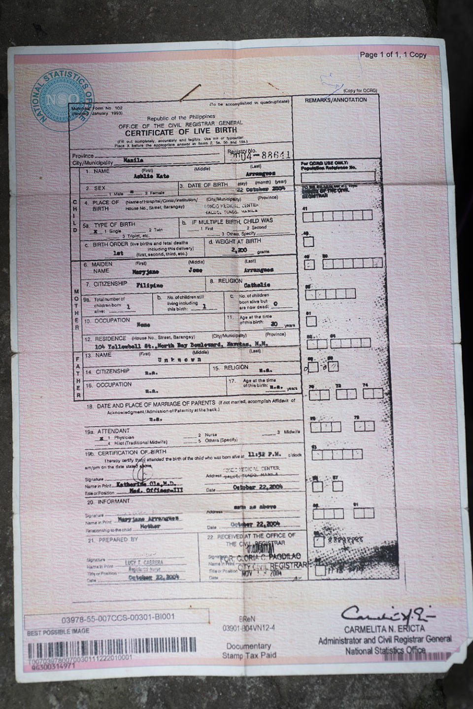 Ashlie's birth certificate, which shows how old she is