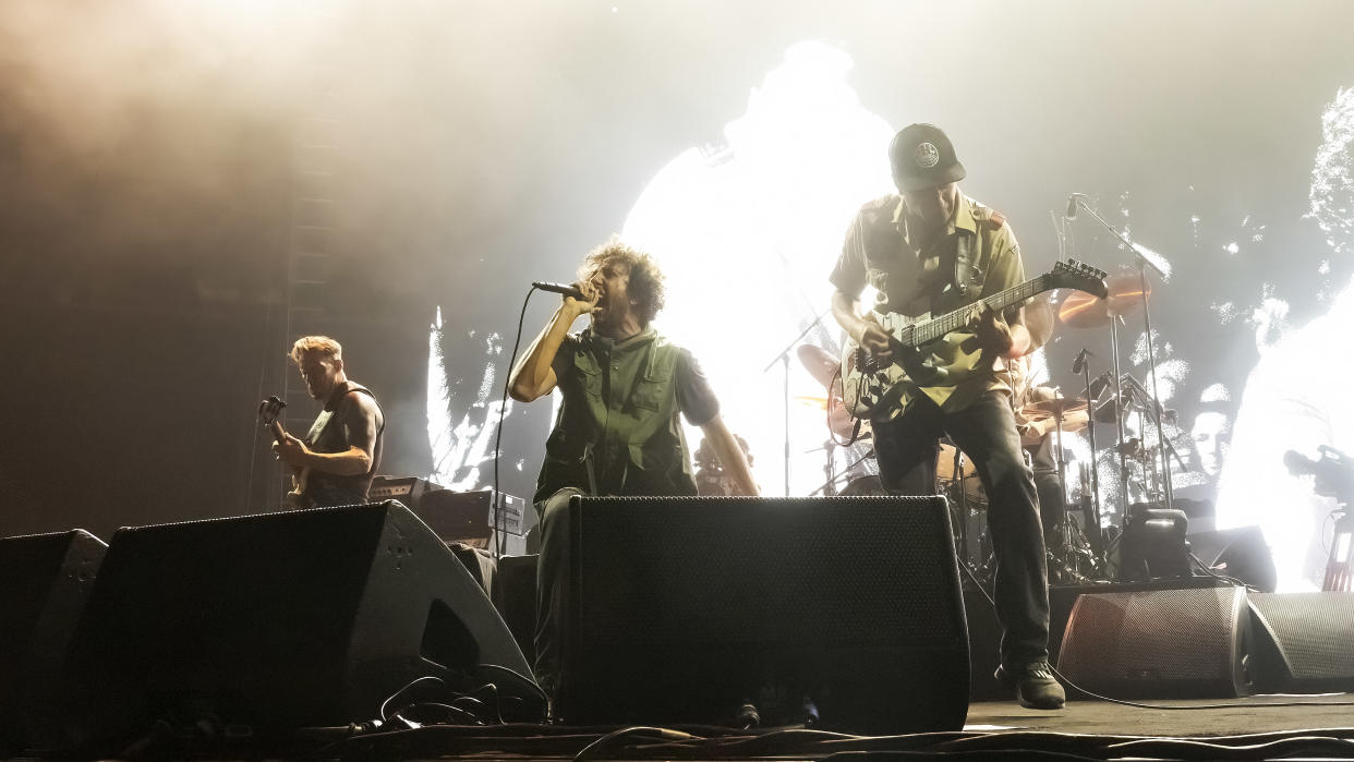 NEW YORK, NEW YORK - AUGUST 12: Tim Commerford, Zack de la Rocha and Tom Morello of Rage Against the Machine perform at Madison Square Garden on August 12, 2022 in New York City. (Photo by Astrida Valigorsky/Getty Images)