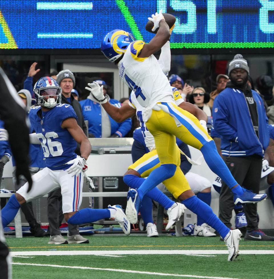 East Rutherford, NJ â€” December 31, 2023 -- Jordan Fuller of the Rams intercepts at Tyrod Taylor pass in the first half. The New York Giants host the Los Angeles Rams on December 31, 2023 at at MetLife Stadium in East Rutherford, NJ.