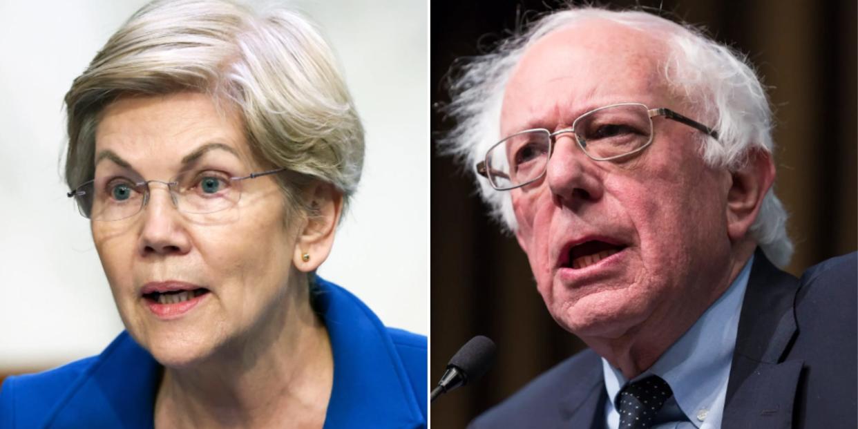 A composite photo of Elizabeth Warren, at left, and Bernie Sanders