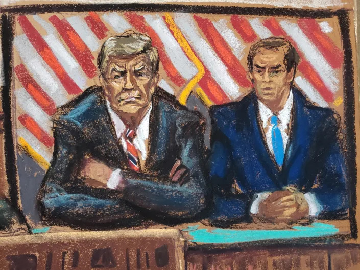 A courtroom sketch of Donald Trump and his lawyer.