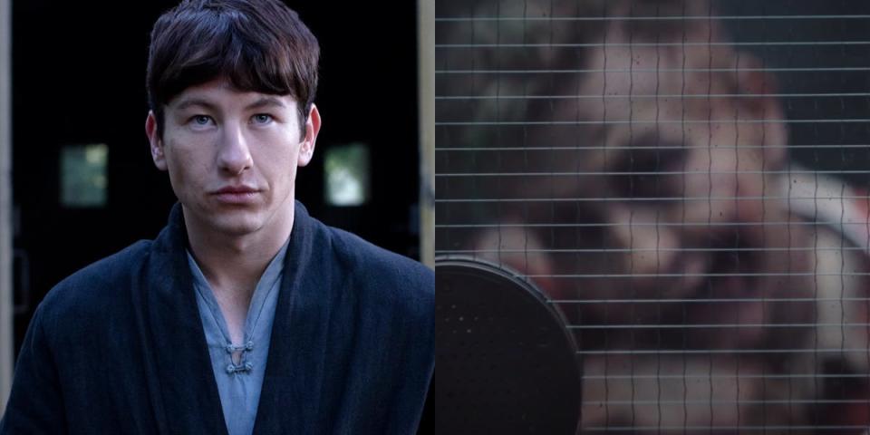 On the left: Barry Keoghan as Druig in "Eternals." On the right: Keoghan as the Joker in a deleted scene from "The Batman."