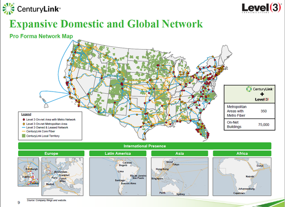 map of US showing the combined fiber footprint and local area networks of CenturyLin and Level 3.