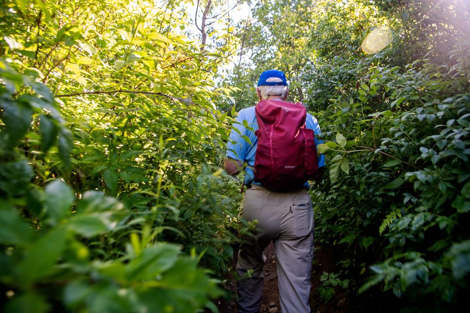 Jim Magura moves along the Art Loeb Trail as he leads the member of the Carolina Mountain Club to Tennent Mountain July 12, 2023.