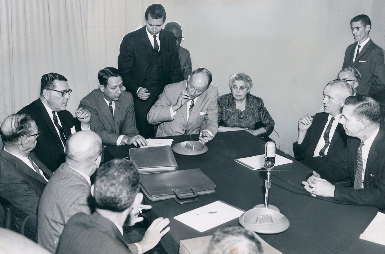 Golda May Edmonston, who earlier had been a suffragette, was the only woman at the table in 1961 during a bus strike. City council members and the mayor were meeting with Columbus Transit Co. representatives and union negotiators to try to settle the strike on this day, but the 40-minute session failed.