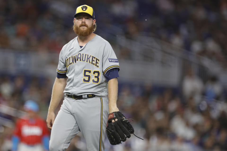 Brandon Woodruff's future with the Brewers is cloudy after he underwent major shoulder surgery. (Photo by Carmen Mandato/Getty Images)