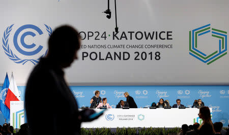 A participant's shilouette is seen during the COP24 UN Climate Change Conference 2018 in Katowice, Poland December 2, 2018. REUTERS/Kacper Pempel