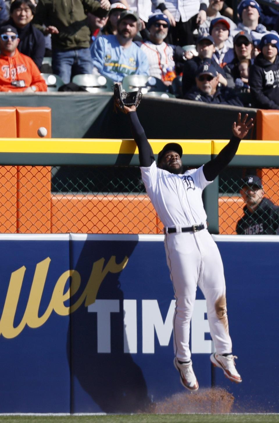 Tigers left fielder Akil Baddoo can't reach the grand slam hit by Red Sox third baseman Rafael Devers during the second inning on Saturday, April 8, 2023, at Comerica Park.