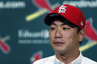 St. Louis Cardinals pitcher Kwang-Hyun Kim listens to a question during a news conference announcing his signing to the baseball team Tuesday, Dec. 17, 2019, in St. Louis. The Cardinals have signed the Korean left-hander to a two-year contract. (AP Photo/Jeff Roberson)