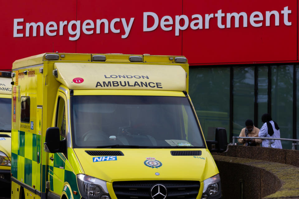 LONDON, UNITED KINGDOM - 2022/12/07: Ambulances belonging to the London Ambulance Service are parked at St. Thomas' Hospital. More than 10,000 NHS ambulance staff from nine NHS hospital trusts in England and Wales will walk out on December 21 in a dispute over pay, the trade union GMB has announced. (Photo by Tejas Sandhu/SOPA Images/LightRocket via Getty Images)