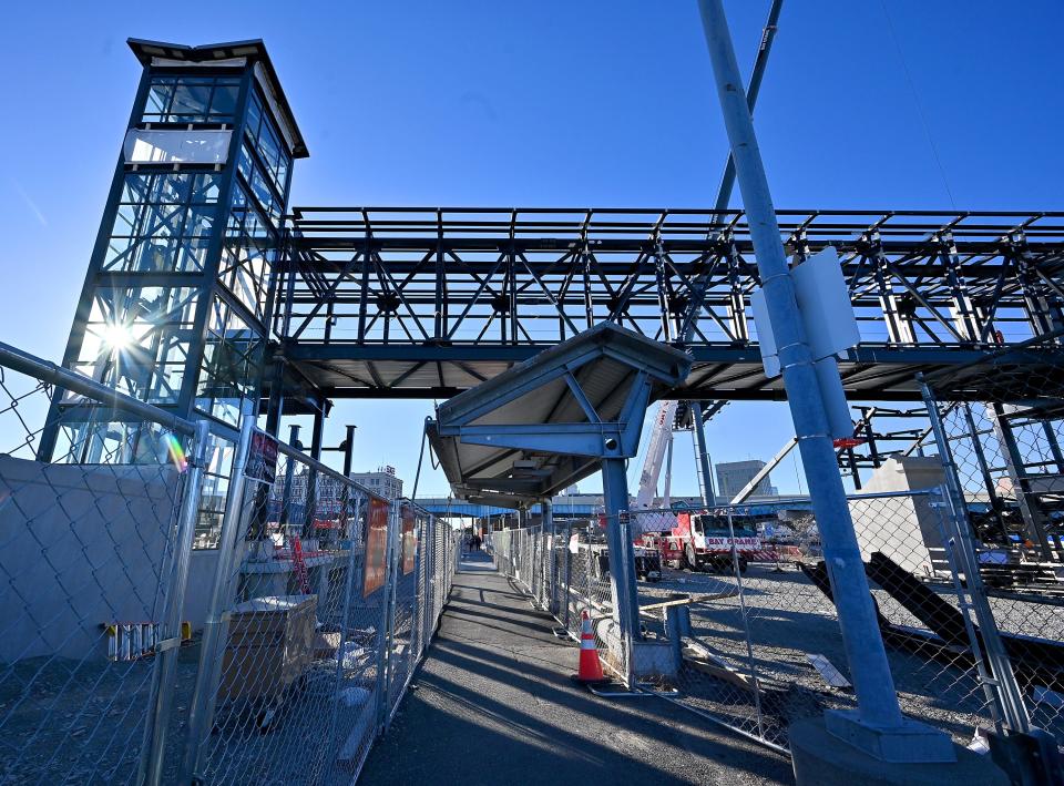 A pedestrian bridge between platforms is under construction at Union Station.