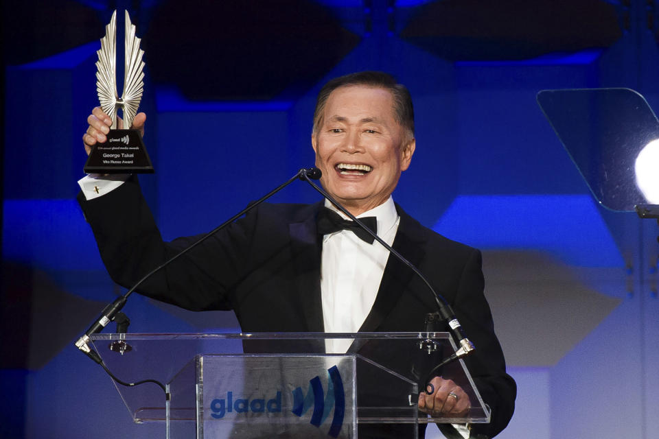 George Takei accepts the Vito Russo Award at the GLAAD Media Awards on Saturday, May 3, 2014 in New York. (Photo by Charles Sykes/Invision/AP)