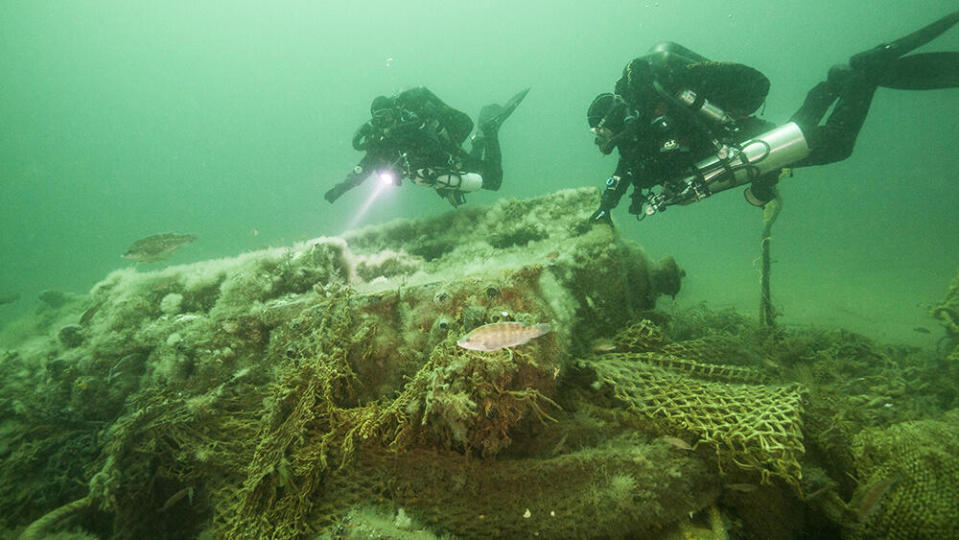 Nets drape the wreck of the USS Heroic, a former minesweeper. / Credit: NOAA/SBNMS