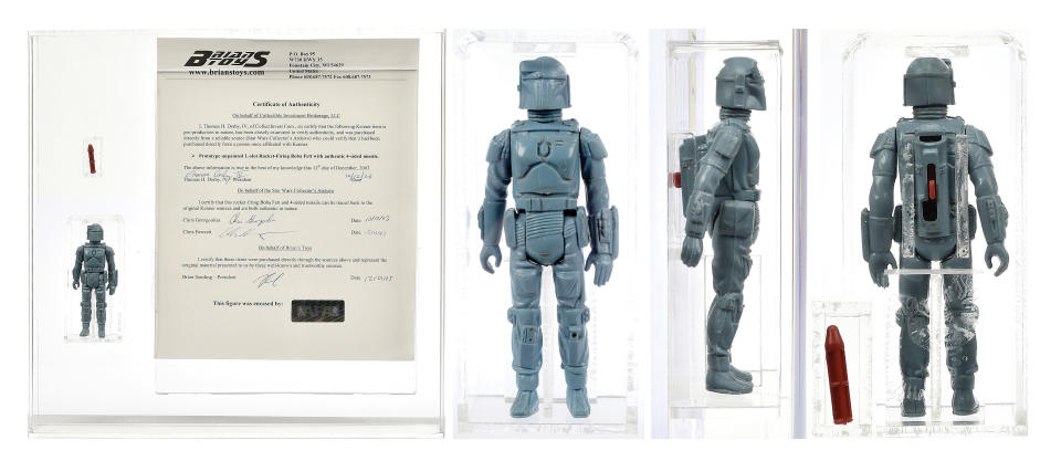 A similar Boba Fett figure to this one, with added copyright mark on the leg, was being sold for $350,000 (£280,000) at Star Wars Celebration. (Credit: Vectis Auctions/Press Association Images)