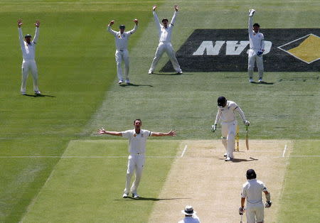 Australia's Josh Hazlewood (C) appeals successfully with team mates for LBW to dismiss New Zealand's Martin Guptill for one run during the first day of the third cricket test match at the Adelaide Oval, in South Australia, November 27, 2015. REUTERS/David Gray