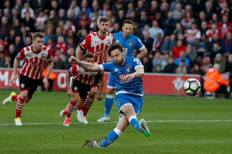 Bournemouth's Harry Arter misses a penalty shot during their English Premier League football match against Southampton on April 1, 2017