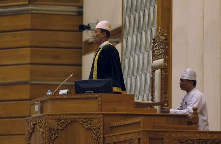 Shwe Mann, speaker of Myanmar's Lower House of Parliament, attends a Parliament meeting at Lower House of Parliament in Naypyitaw, Myanmar August 18, 2015. REUTERS/Soe Zeya Tun